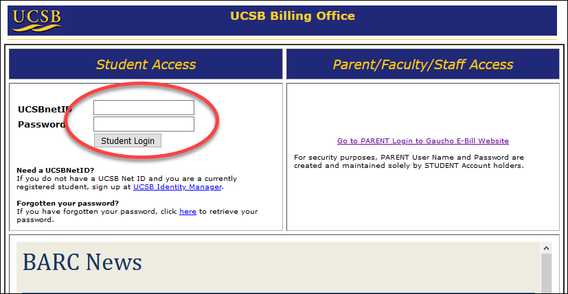 Screenshot of the MyBARC login screen showing the UCSBNetID and Password fields.