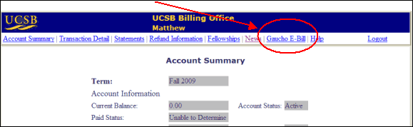 Screenshot of the MyBARC dashboard highlighting the Gaucho E-Bill link.