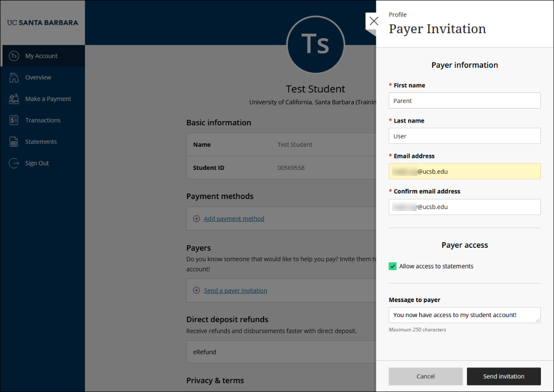 Screenshot of the Payer information form with fields for the parent's name and email address.