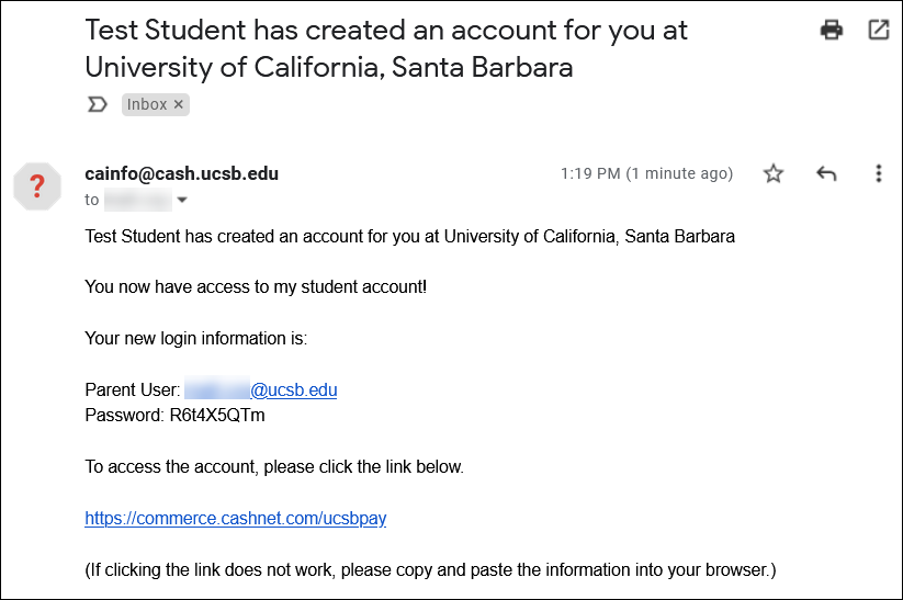 Screenshot of the welcome email sent to the parent, containing a temporary password and login link.