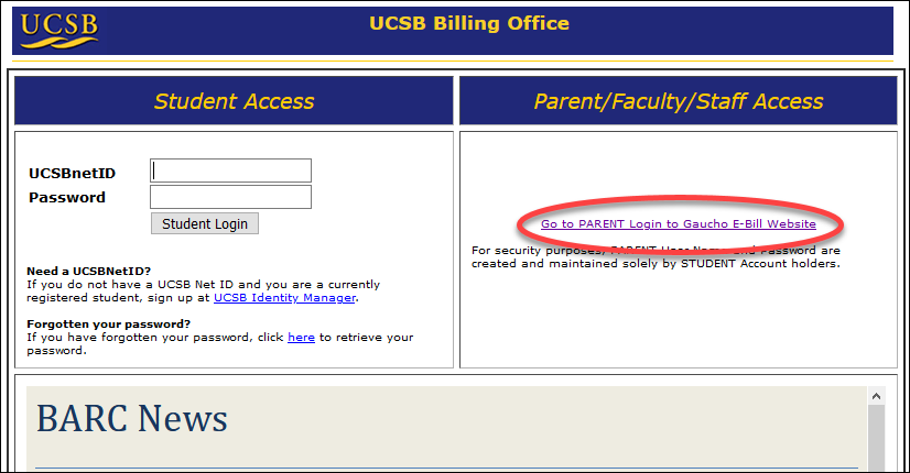 Screenshot of the MyBARC login screen highlighting the Parent Login link on the right side.