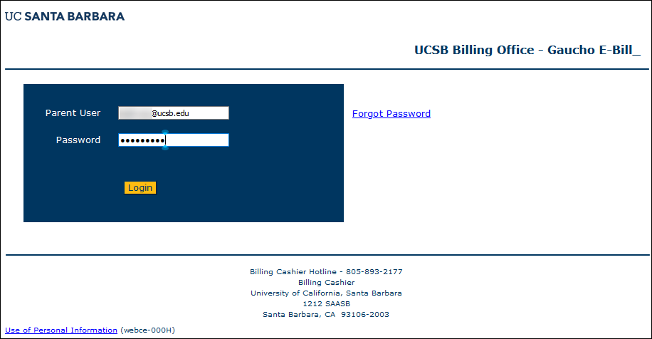 Screenshot of the Parent Login page with fields for username and password.
