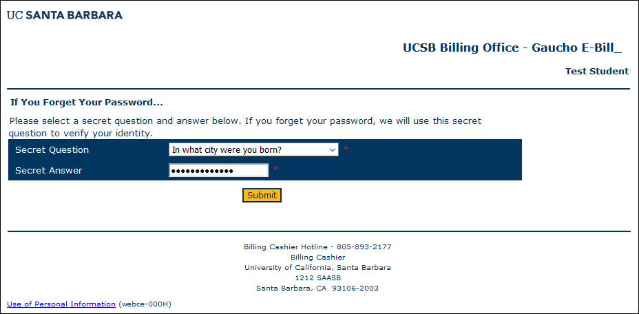 Screenshot of the secret question setup screen.