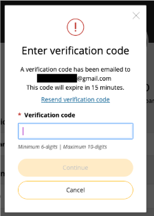 Pop-up window stating that a verification code has been sent and expires in 15 minutes.