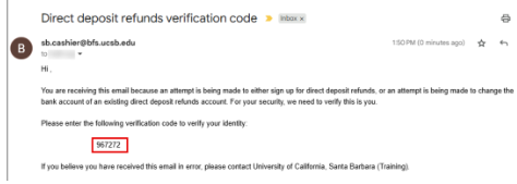 Example email from sb.cashier@bfs.ucsb.edu containing the six-digit verification code.